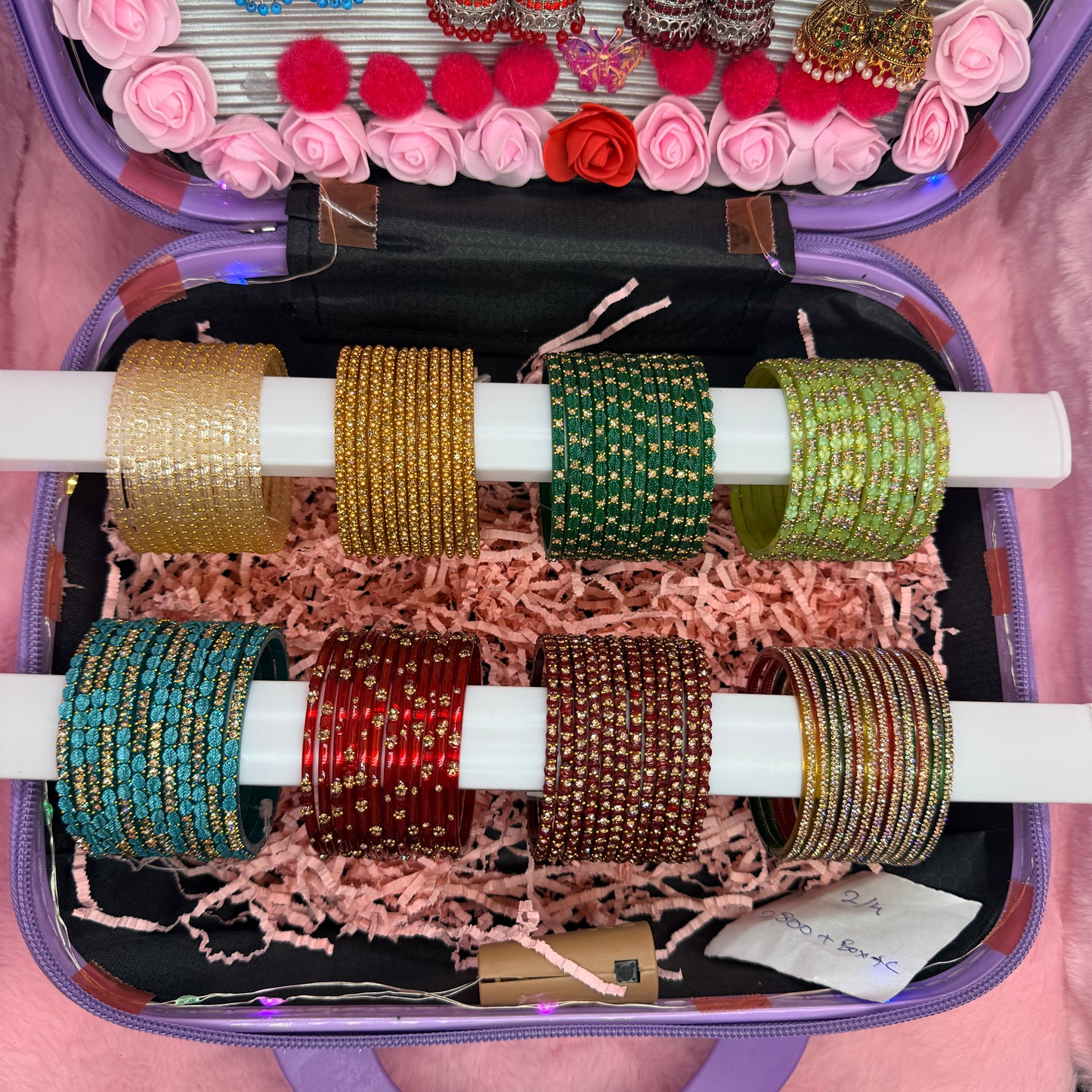 8 Dozen Premium Glass Bangles with 8 Pair Designer Jhumka Earrings Combo in Purple Cartoon Mini Suitcase Gift Box