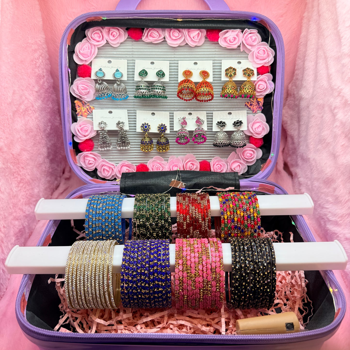8 Dozen Premium Glass Bangles with 8 Pair Fancy Jhumka Earrings Combo Set in Purple Cartoon Mini Suitcase