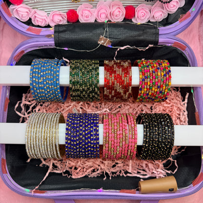 8 Dozen Premium Glass Bangles with 8 Pair Fancy Jhumka Earrings Combo Set in Purple Cartoon Mini Suitcase