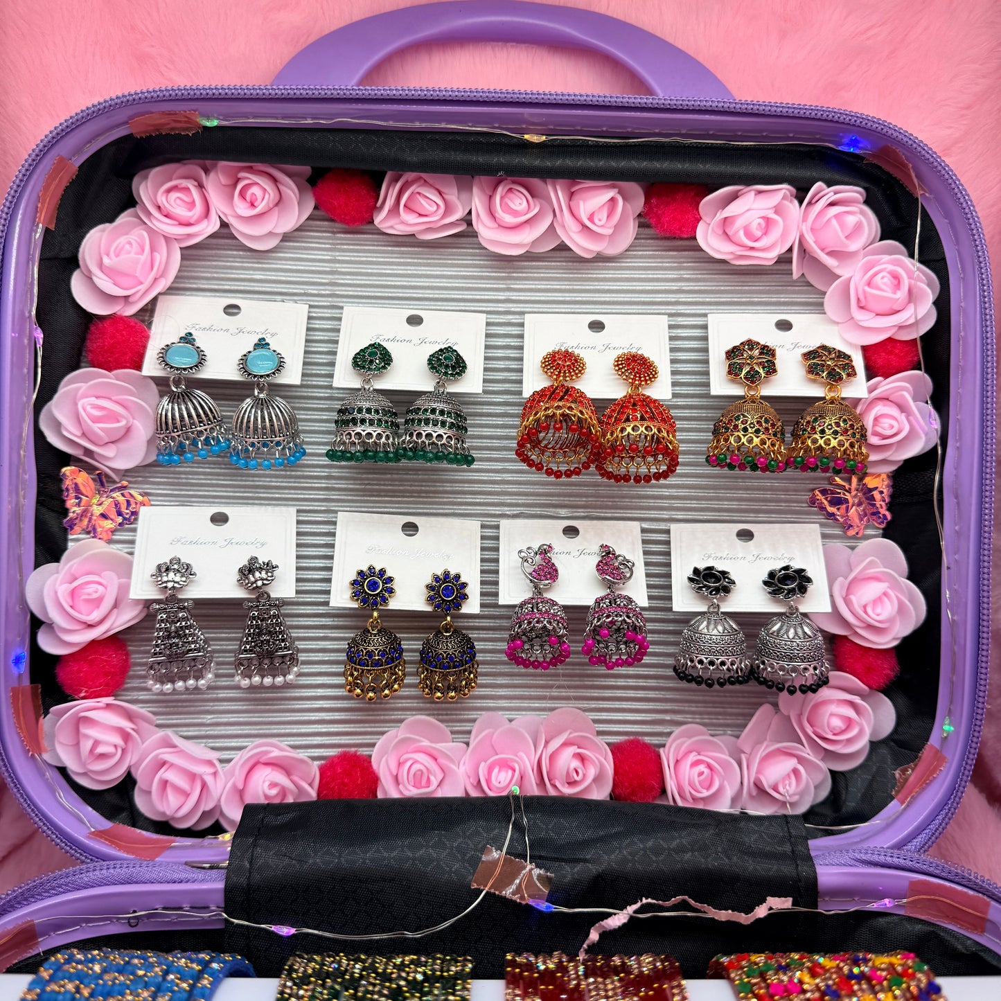 8 Dozen Premium Glass Bangles with 8 Pair Fancy Jhumka Earrings Combo Set in Purple Cartoon Mini Suitcase