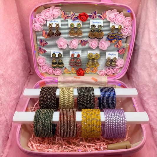 8 Dozen Premium Glass Bangles with 8 Pair Traditional Jhumka Earrings Combo Set in Pink Mini Suitcase Gift Box