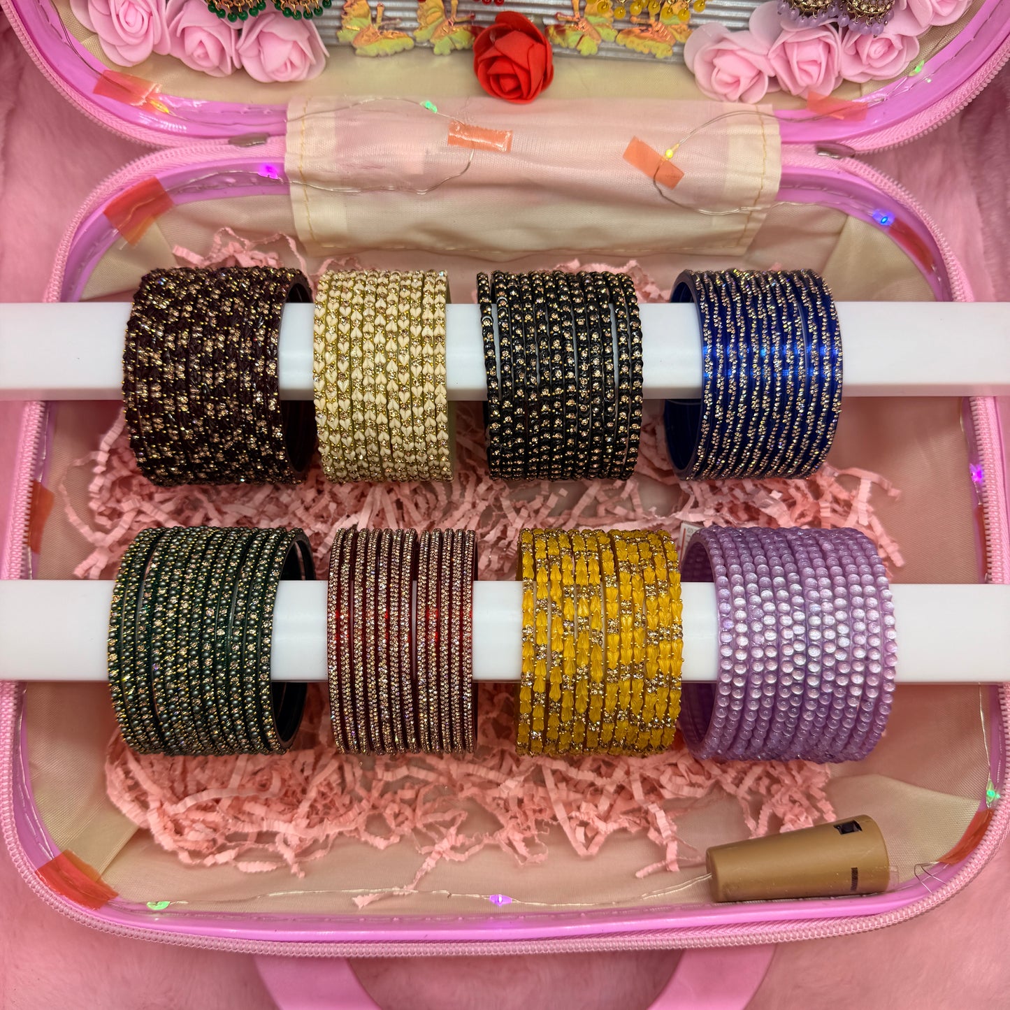 8 Dozen Premium Glass Bangles with 8 Pair Traditional Jhumka Earrings Combo Set in Pink Mini Suitcase Gift Box
