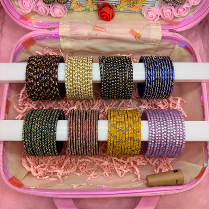 8 Dozen Premium Glass Bangles with 8 Pair Traditional Jhumka Earrings Combo Set in Pink Mini Suitcase Gift Box