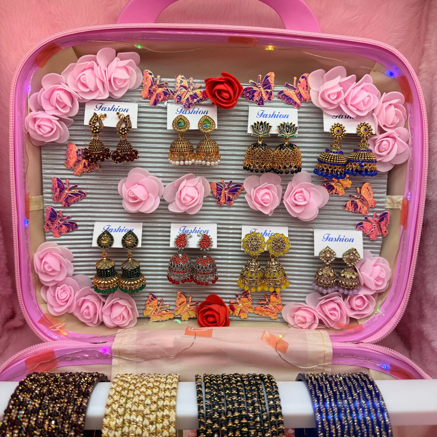 8 Dozen Premium Glass Bangles with 8 Pair Traditional Jhumka Earrings Combo Set in Pink Mini Suitcase Gift Box