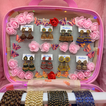 8 Dozen Premium Glass Bangles with 8 Pair Traditional Jhumka Earrings Combo Set in Pink Mini Suitcase Gift Box