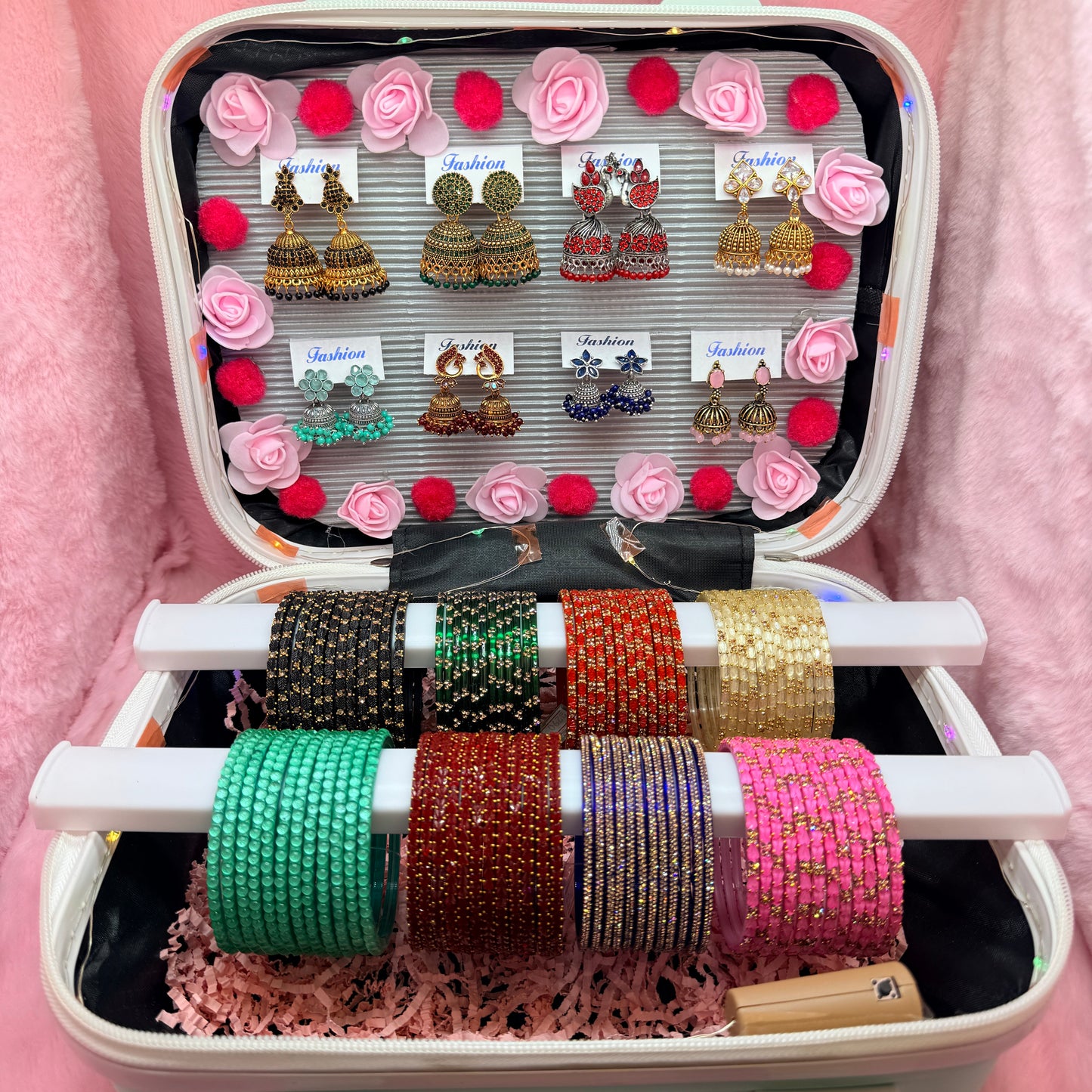 8 Dozen Premium Glass Bangles with 8 Pair Designer Jhumka Earrings Combo Set in Mint Green Cartoon Mini Suitcase Gift Box
