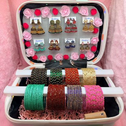8 Dozen Premium Glass Bangles with 8 Pair Designer Jhumka Earrings Combo Set in Mint Green Cartoon Mini Suitcase Gift Box