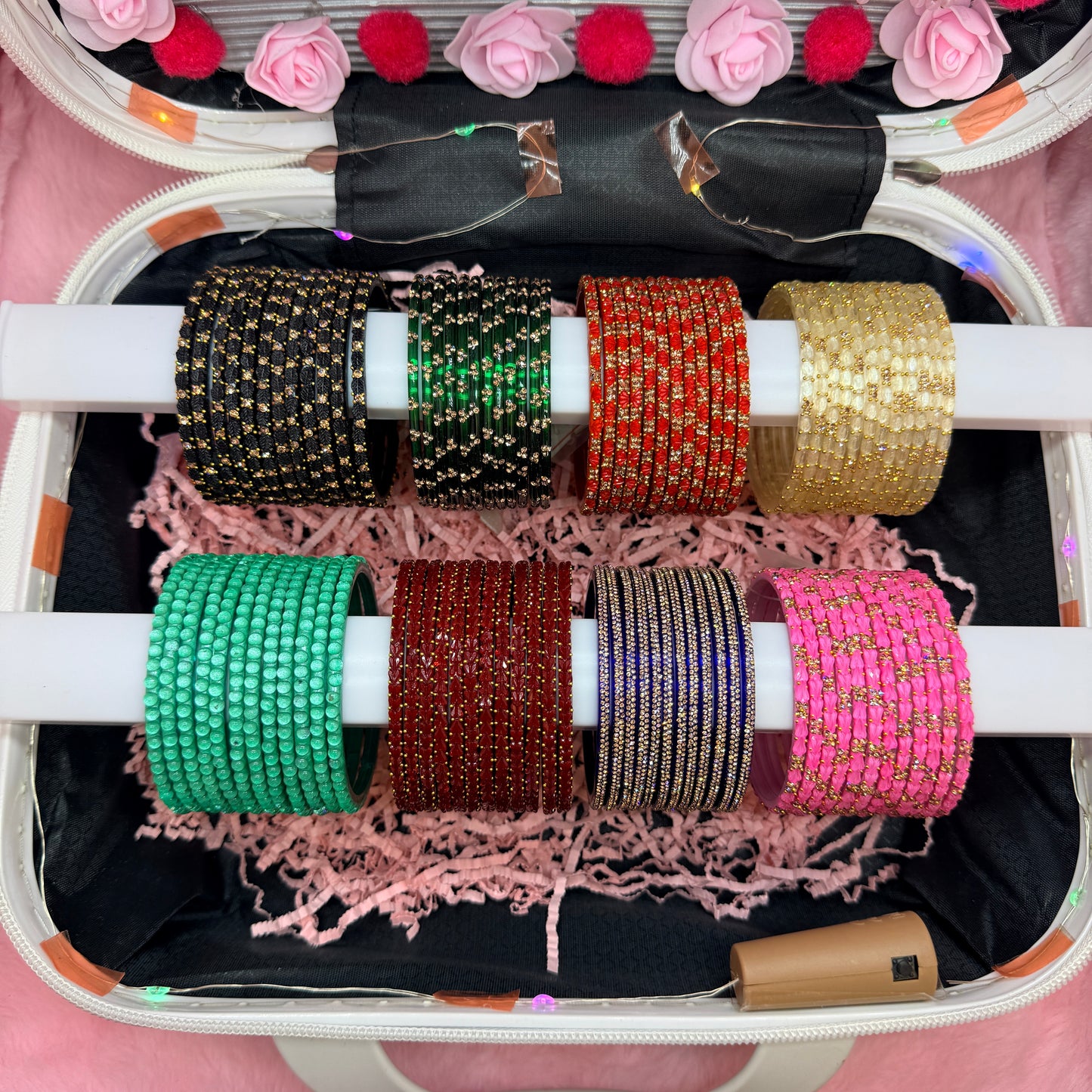 8 Dozen Premium Glass Bangles with 8 Pair Designer Jhumka Earrings Combo Set in Mint Green Cartoon Mini Suitcase Gift Box