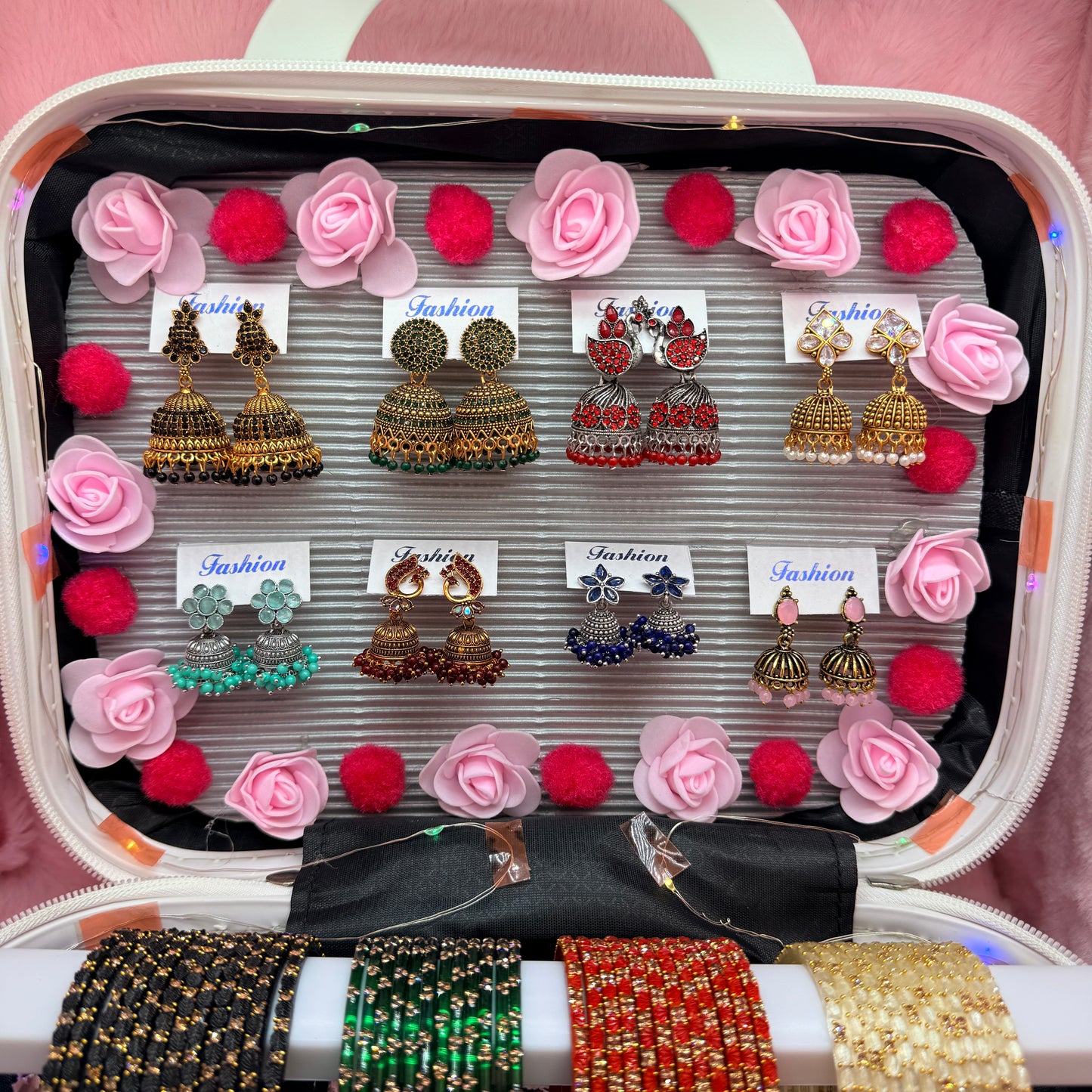 8 Dozen Premium Glass Bangles with 8 Pair Designer Jhumka Earrings Combo Set in Mint Green Cartoon Mini Suitcase Gift Box