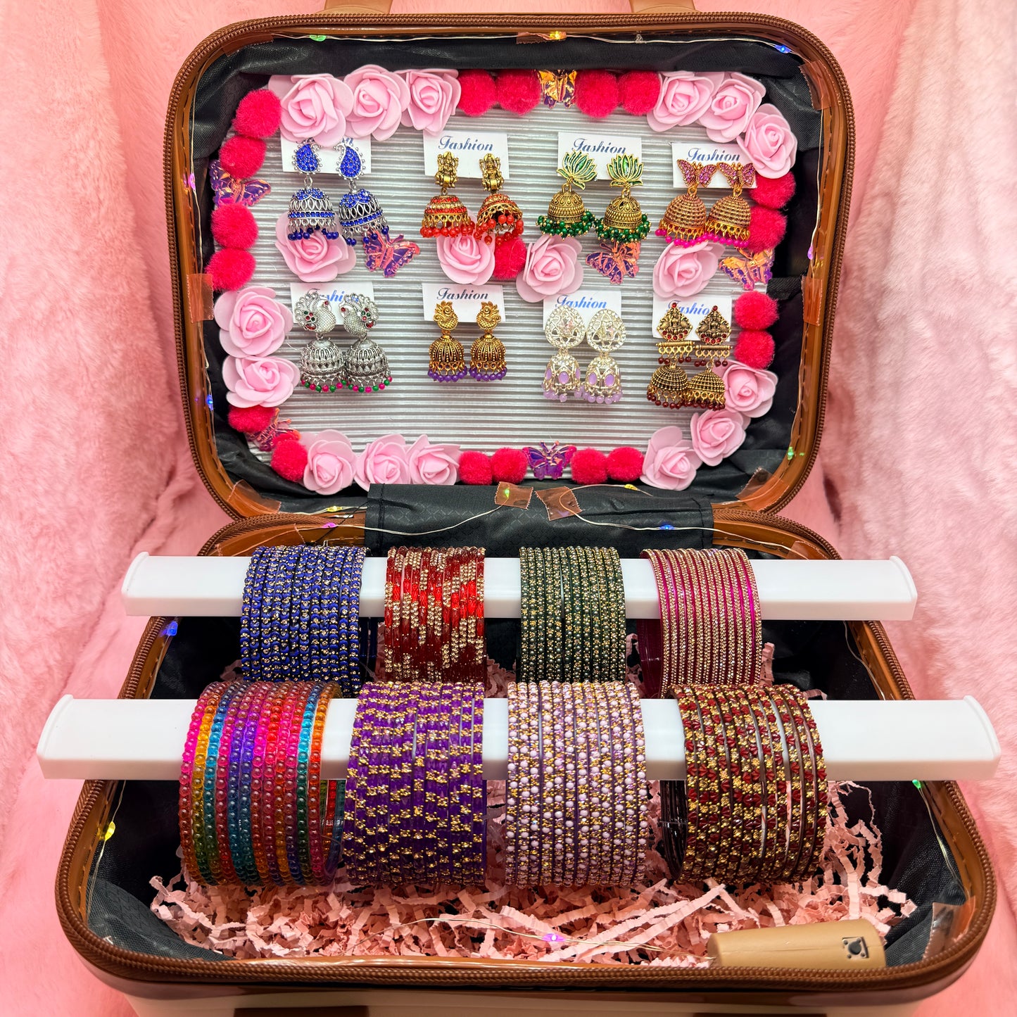 8 Dozen Premium Glass Bangles with 8 Pair Designer Jhumka Earrings Combo Set in Cream & Brown Cartoon Mini Suitcase Gift Box