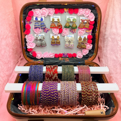 8 Dozen Premium Glass Bangles with 8 Pair Designer Jhumka Earrings Combo Set in Cream & Brown Cartoon Mini Suitcase Gift Box