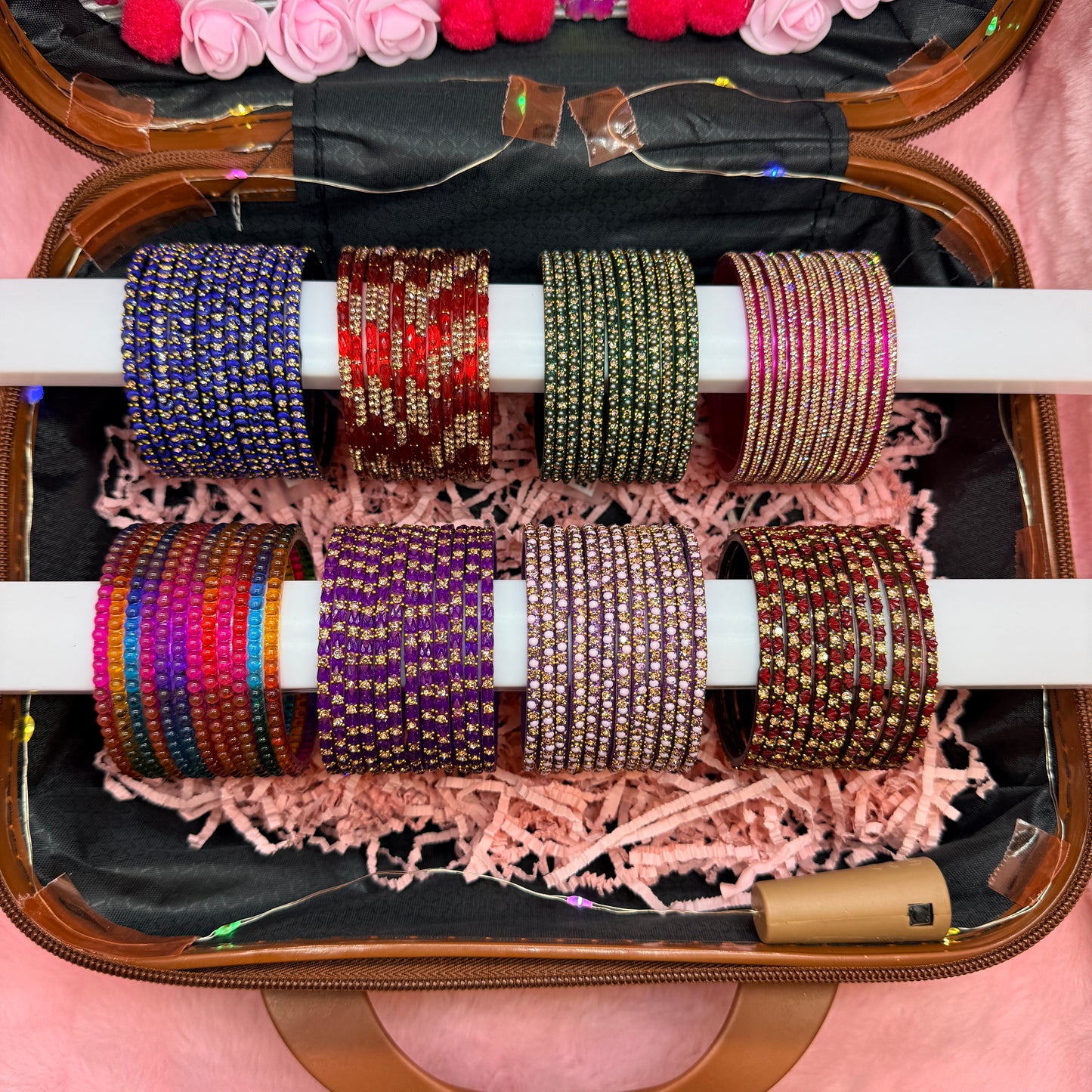 8 Dozen Premium Glass Bangles with 8 Pair Designer Jhumka Earrings Combo Set in Cream & Brown Cartoon Mini Suitcase Gift Box