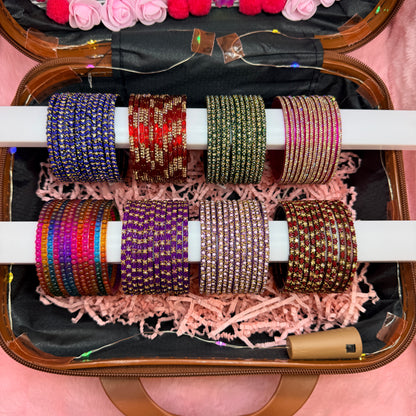 8 Dozen Premium Glass Bangles with 8 Pair Designer Jhumka Earrings Combo Set in Cream & Brown Cartoon Mini Suitcase Gift Box