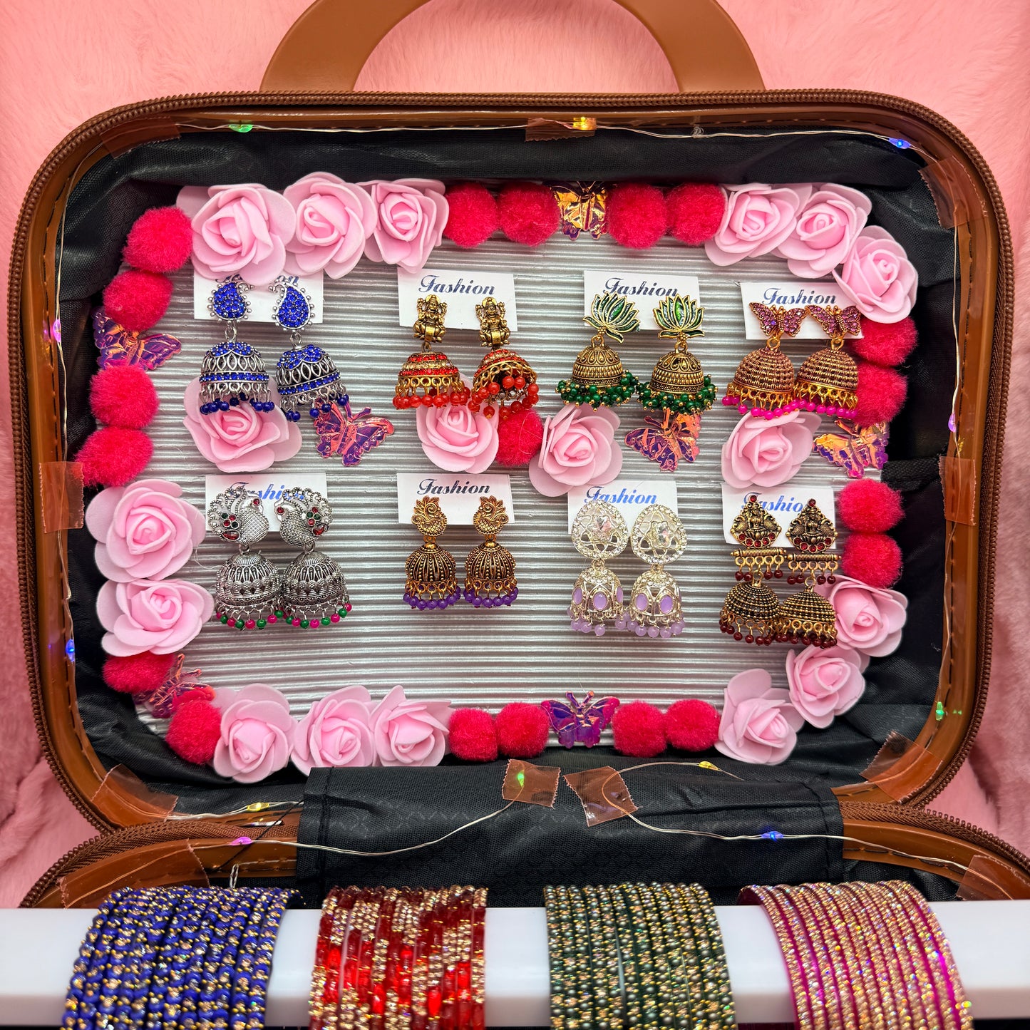 8 Dozen Premium Glass Bangles with 8 Pair Designer Jhumka Earrings Combo Set in Cream & Brown Cartoon Mini Suitcase Gift Box