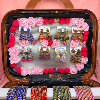 8 Dozen Premium Glass Bangles with 8 Pair Designer Jhumka Earrings Combo Set in Cream & Brown Cartoon Mini Suitcase Gift Box