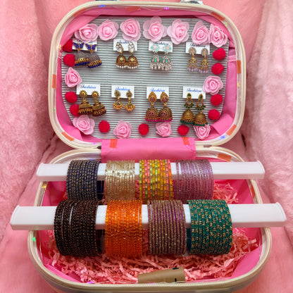 8 Dozen Premium Glass Bangles with 8 Pair Designer Jhumka Earrings Combo Set in Cream Pink Mini Suitcase Jewelry Box