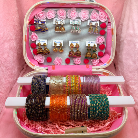 8 Dozen Premium Glass Bangles with 8 Pair Designer Jhumka Earrings Combo Set in Cream Pink Mini Suitcase Jewelry Box