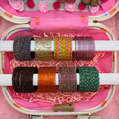 8 Dozen Premium Glass Bangles with 8 Pair Designer Jhumka Earrings Combo Set in Cream Pink Mini Suitcase Jewelry Box