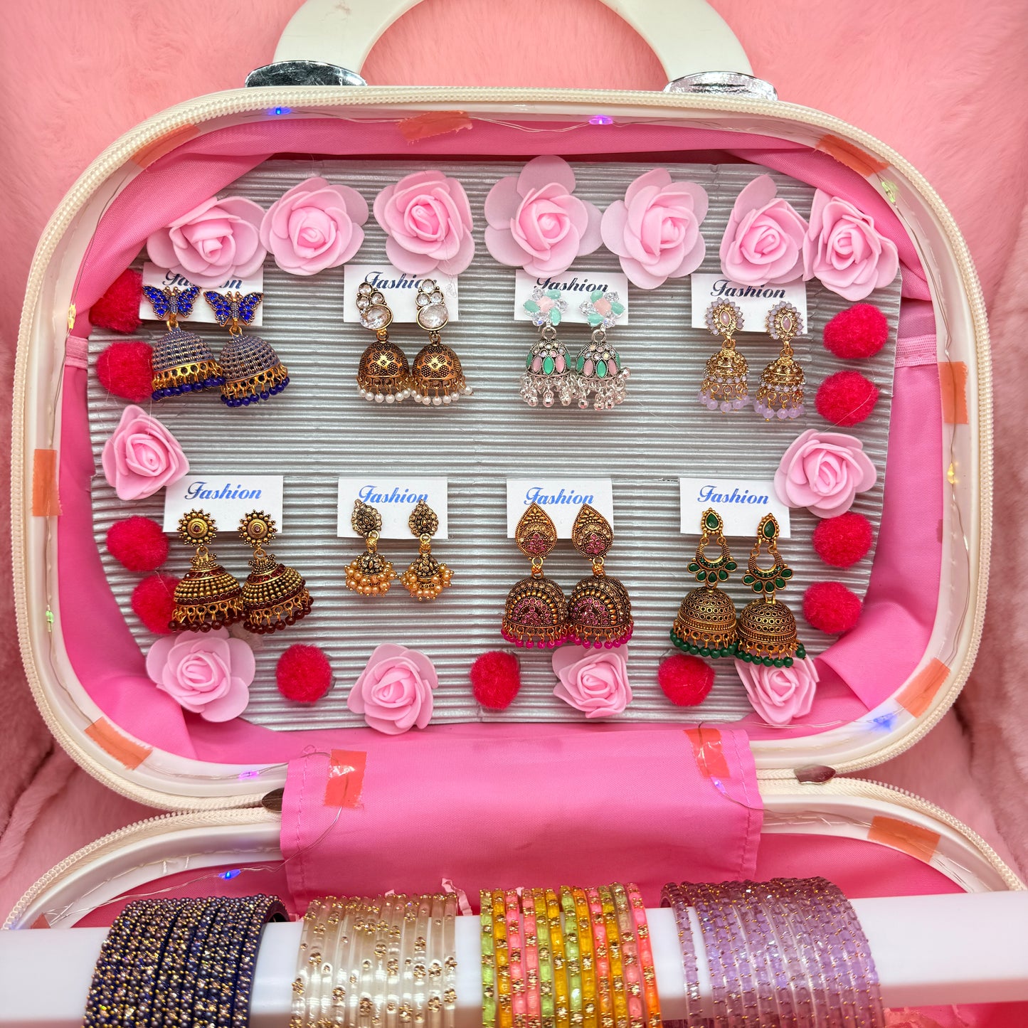 8 Dozen Premium Glass Bangles with 8 Pair Designer Jhumka Earrings Combo Set in Cream Pink Mini Suitcase Jewelry Box
