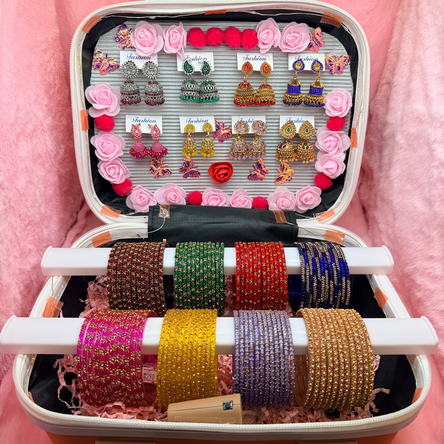 8 Dozen Premium Glass Bangles with 8 Pair Designer Jhumka Earrings Combo Set in Orange Mini Suitcase Jewelry Box
