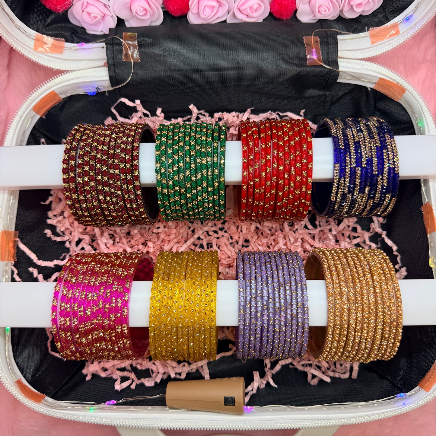 8 Dozen Premium Glass Bangles with 8 Pair Designer Jhumka Earrings Combo Set in Orange Mini Suitcase Jewelry Box