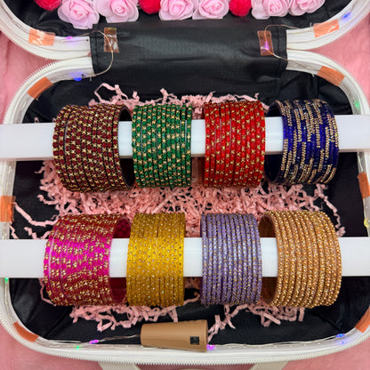 8 Dozen Premium Glass Bangles with 8 Pair Designer Jhumka Earrings Combo Set in Orange Mini Suitcase Jewelry Box