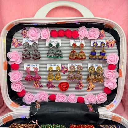 8 Dozen Premium Glass Bangles with 8 Pair Designer Jhumka Earrings Combo Set in Orange Mini Suitcase Jewelry Box