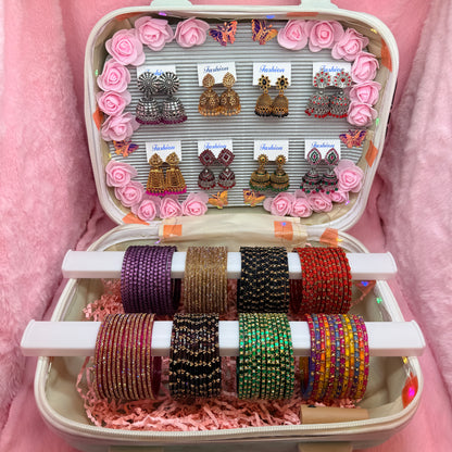 8 Dozen Premium Glass Bangles with 8 Pair Designer Jhumka Earrings Combo Set in Luxury Travel Jewelry Suitcase Box