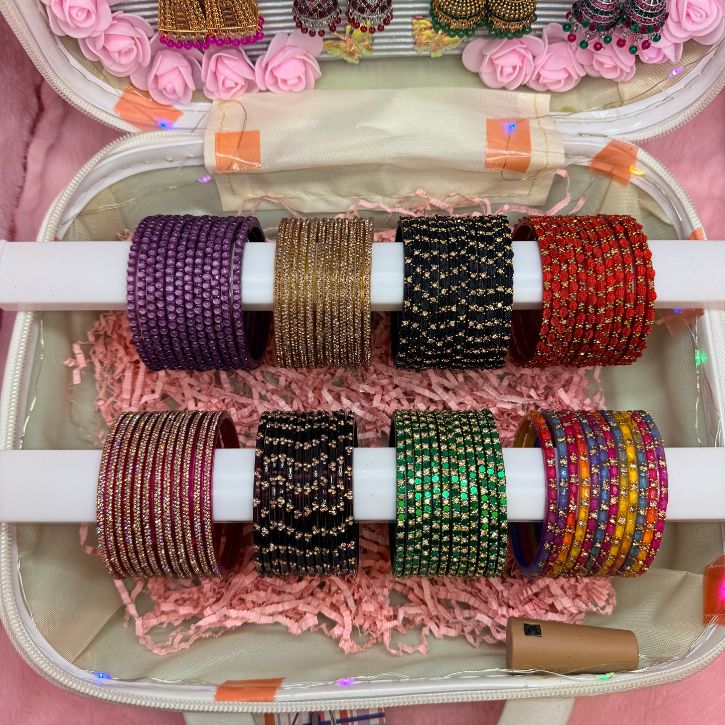 8 Dozen Premium Glass Bangles with 8 Pair Designer Jhumka Earrings Combo Set in Luxury Travel Jewelry Suitcase Box