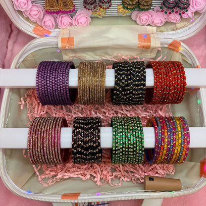 8 Dozen Premium Glass Bangles with 8 Pair Designer Jhumka Earrings Combo Set in Luxury Travel Jewelry Suitcase Box