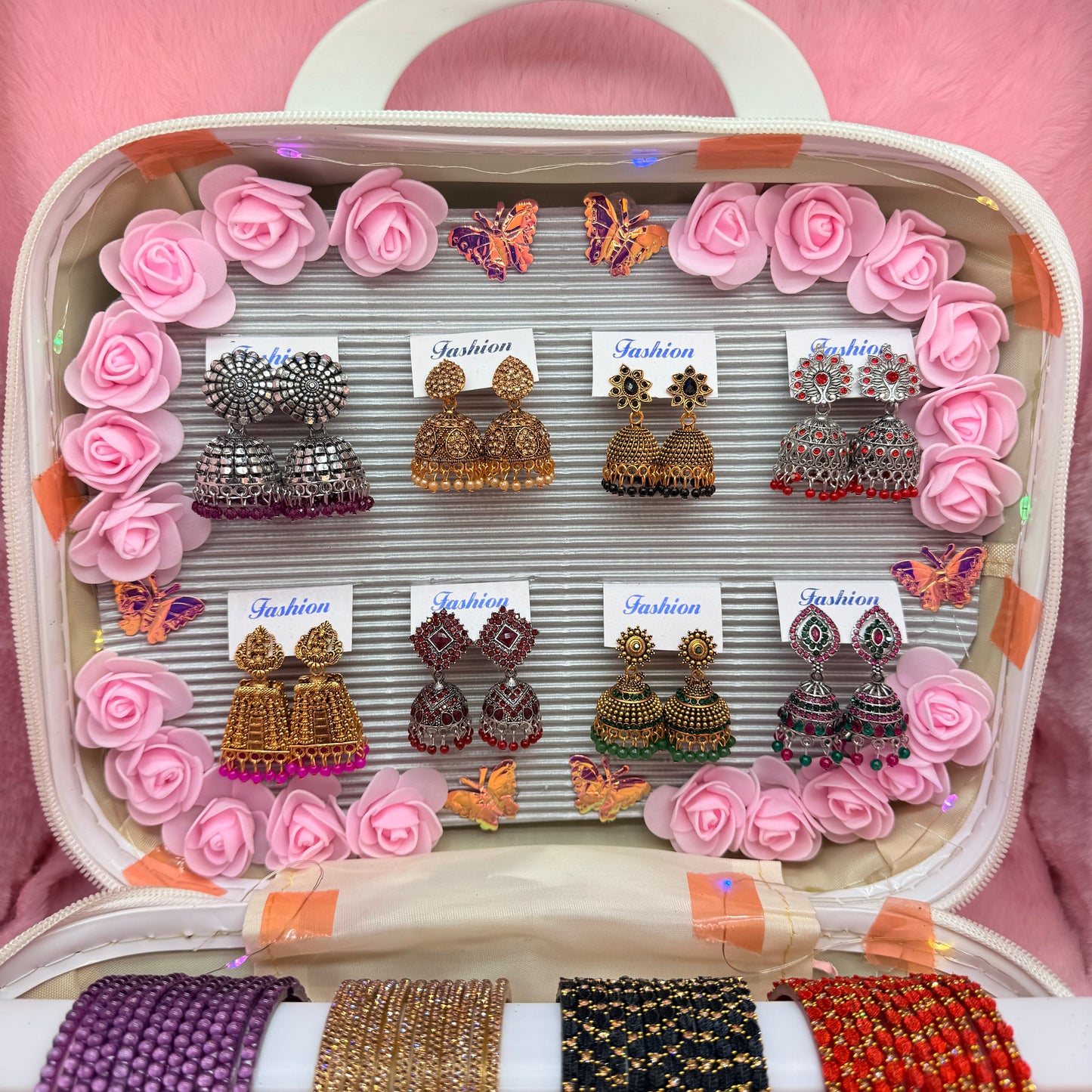 8 Dozen Premium Glass Bangles with 8 Pair Designer Jhumka Earrings Combo Set in Luxury Travel Jewelry Suitcase Box