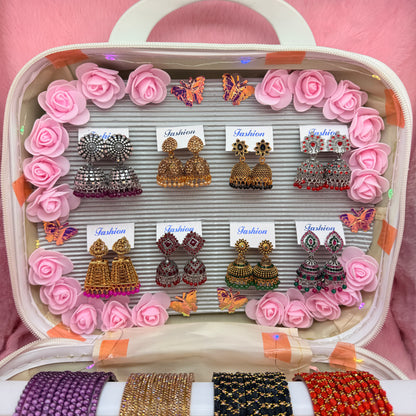 8 Dozen Premium Glass Bangles with 8 Pair Designer Jhumka Earrings Combo Set in Luxury Travel Jewelry Suitcase Box