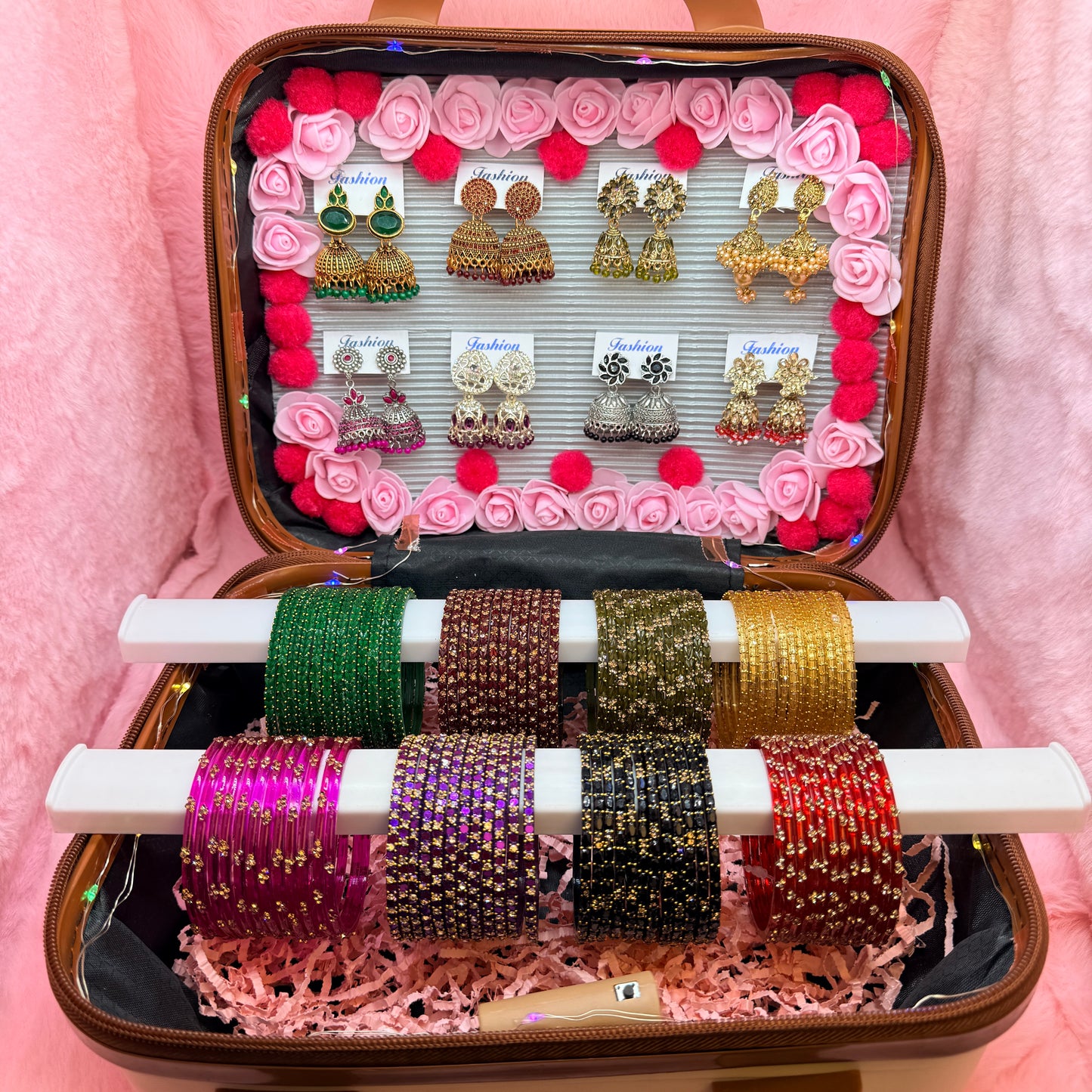 8 Dozen Premium Glass Bangles with Matching Jhumka Earrings Combo in Cute Mini Suitcase Gift Box