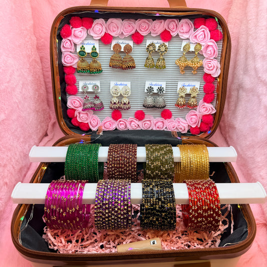 8 Dozen Premium Glass Bangles with Matching Jhumka Earrings Combo in Cute Mini Suitcase Gift Box