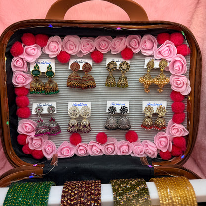 8 Dozen Premium Glass Bangles with Matching Jhumka Earrings Combo in Cute Mini Suitcase Gift Box
