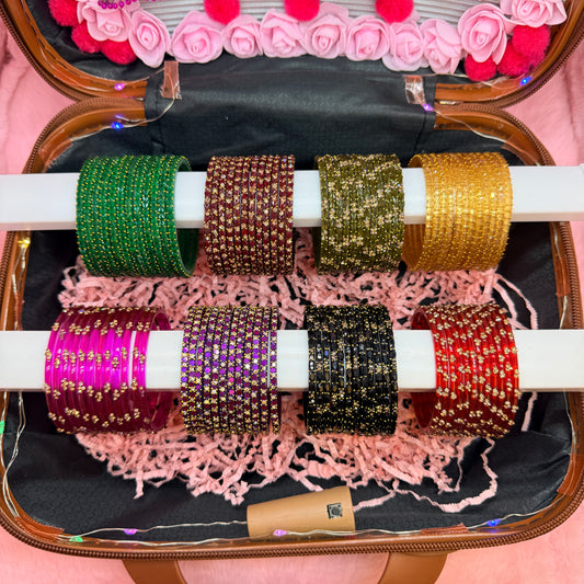 8 Dozen Premium Glass Bangles with Matching Jhumka Earrings Combo in Cute Mini Suitcase Gift Box