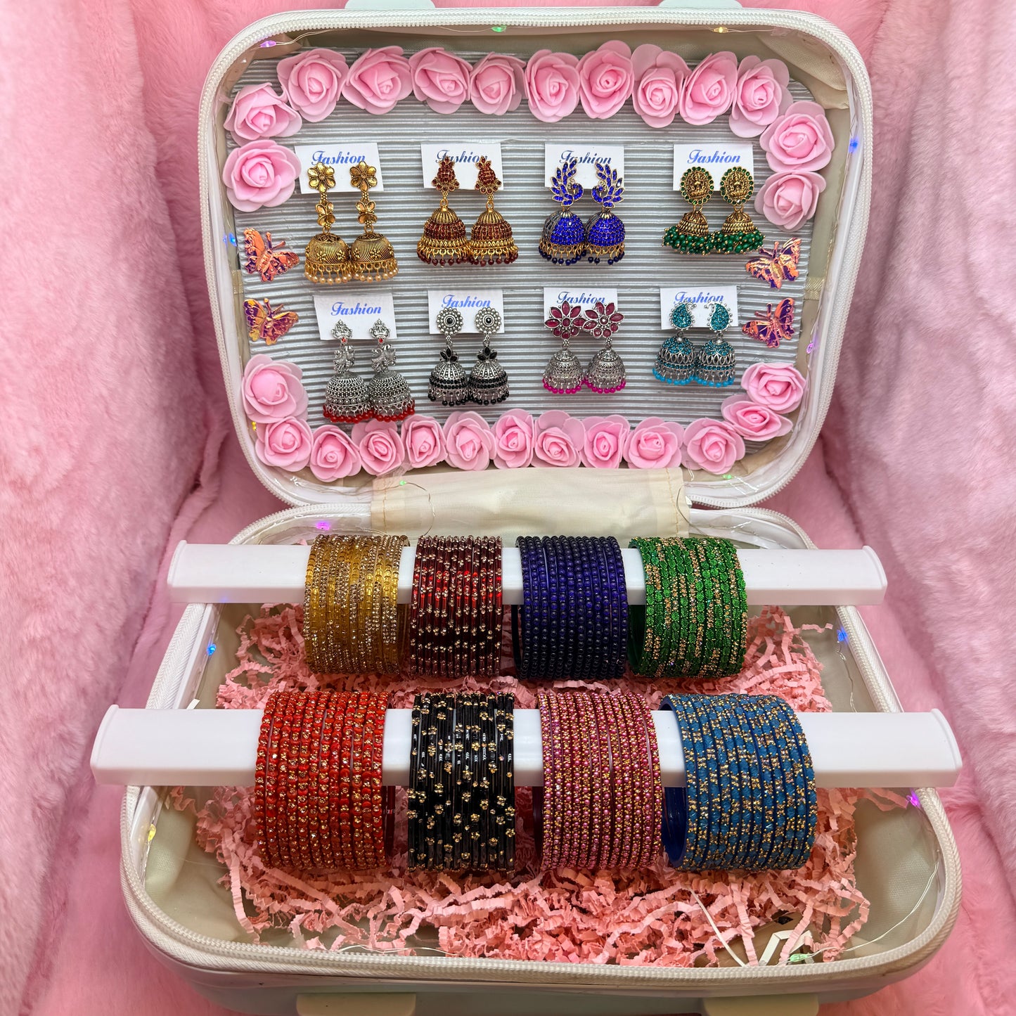 8 Dozen Designer Glass Bangles with 8 Matching Jhumka Earrings Combo in Premium Mini Suitcase Box