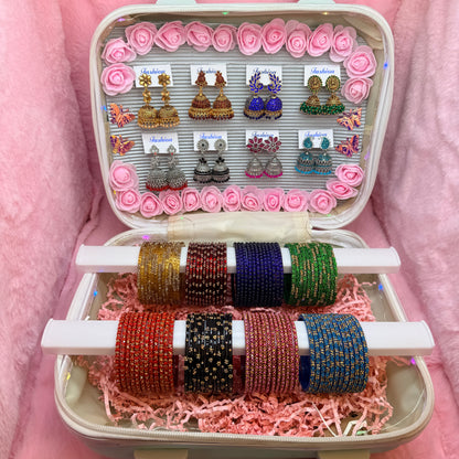 8 Dozen Designer Glass Bangles with 8 Matching Jhumka Earrings Combo in Premium Mini Suitcase Box