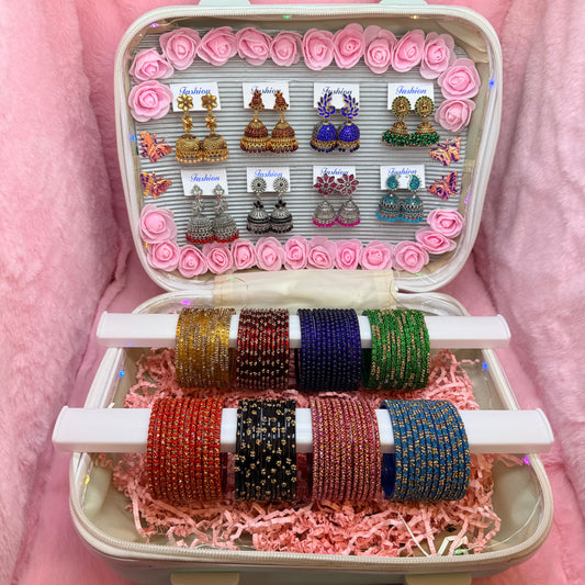 8 Dozen Designer Glass Bangles with 8 Matching Jhumka Earrings Combo in Premium Mini Suitcase Box