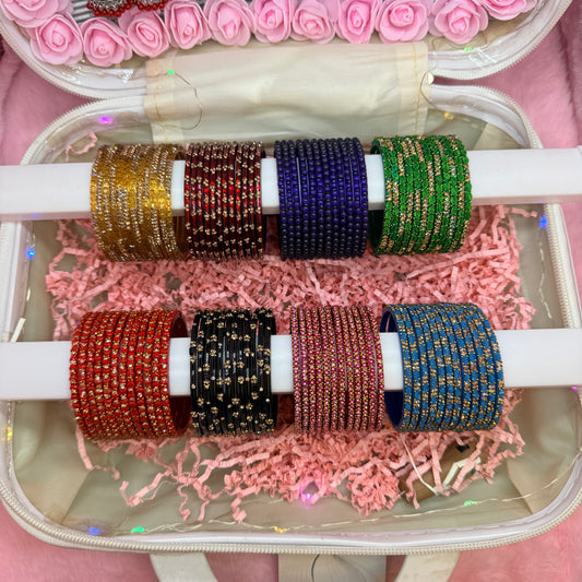 8 Dozen Designer Glass Bangles with 8 Matching Jhumka Earrings Combo in Premium Mini Suitcase Box