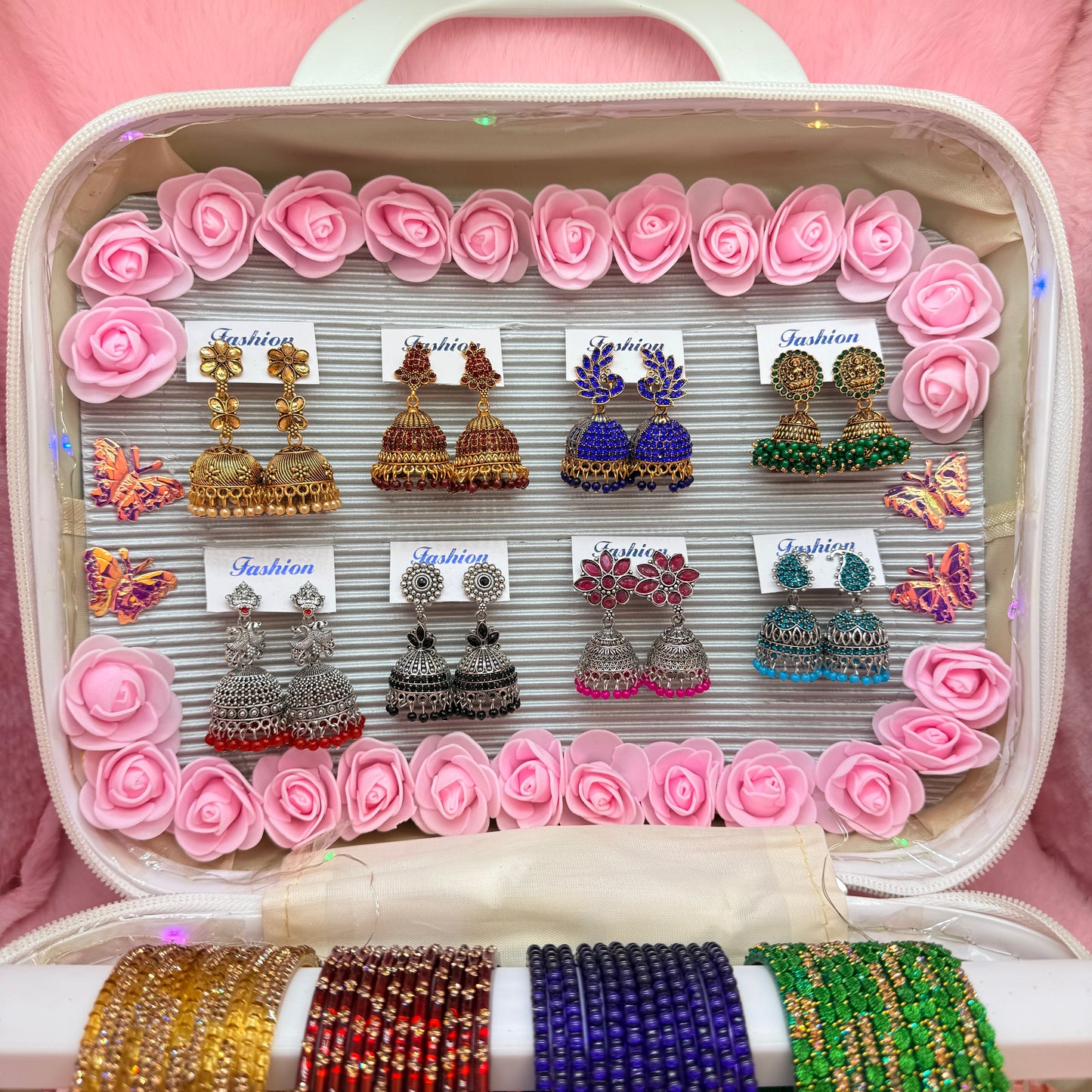 8 Dozen Designer Glass Bangles with 8 Matching Jhumka Earrings Combo in Premium Mini Suitcase Box