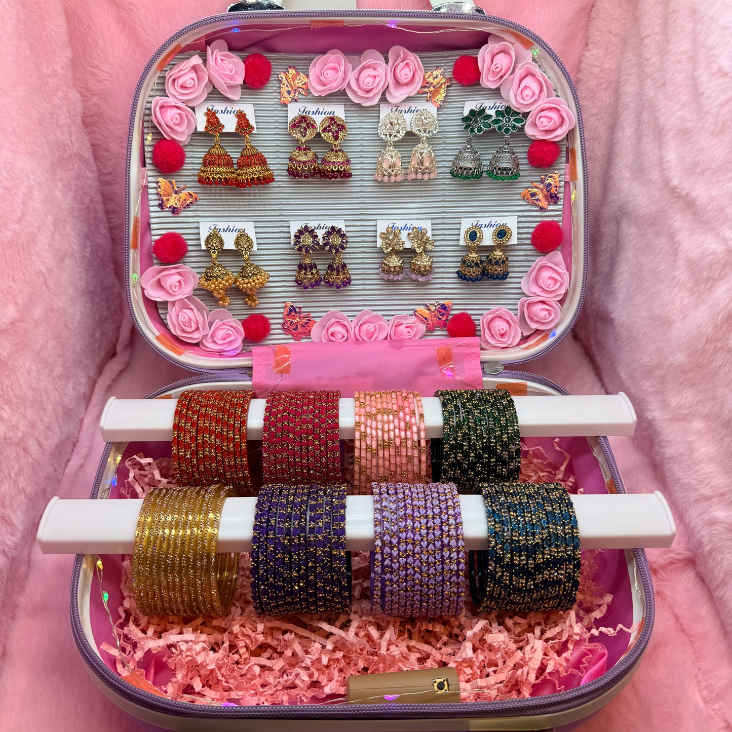 8 Dozen Premium Stone Glass Bangles with 8 Matching Designer Jhumka Earrings Combo in Luxury Mini Suitcase Box (Lavender Edition)