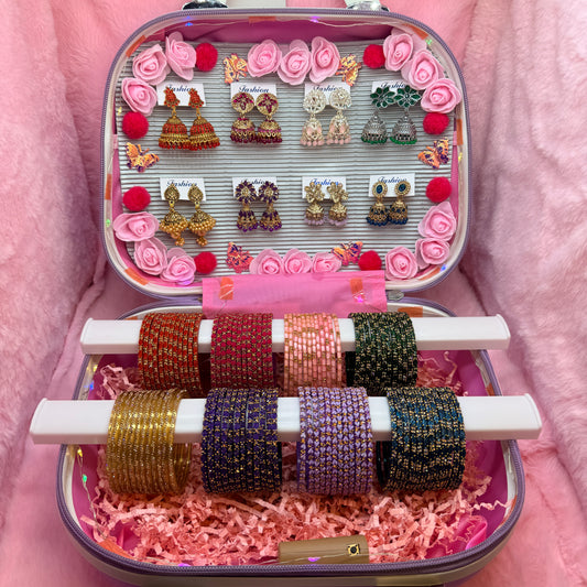8 Dozen Premium Stone Glass Bangles with 8 Matching Designer Jhumka Earrings Combo in Luxury Mini Suitcase Box (Lavender Edition)