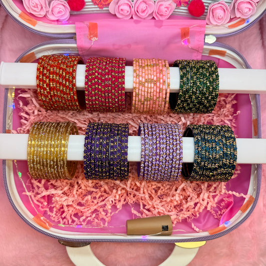 8 Dozen Premium Stone Glass Bangles with 8 Matching Designer Jhumka Earrings Combo in Luxury Mini Suitcase Box (Lavender Edition)