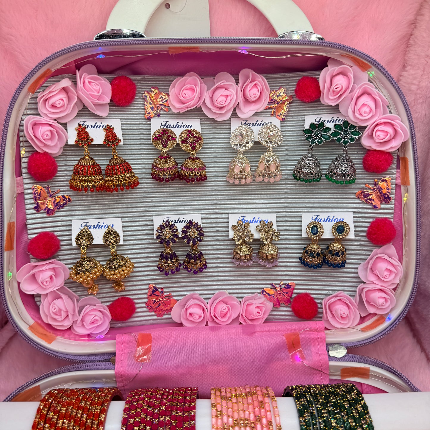 8 Dozen Premium Stone Glass Bangles with 8 Matching Designer Jhumka Earrings Combo in Luxury Mini Suitcase Box (Lavender Edition)