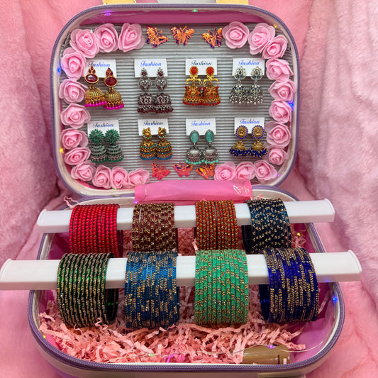 8 Dozen Premium Stone Glass Bangles with 8 Matching Designer Jhumka Earrings Combo in Luxury Mini Suitcase Box (Purple Edition)