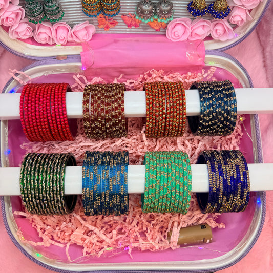 8 Dozen Premium Stone Glass Bangles with 8 Matching Designer Jhumka Earrings Combo in Luxury Mini Suitcase Box (Purple Edition)