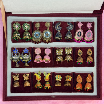 12 Pairs Designer Oxidised & Antique Jhumka Earrings Collection Gift Box – Premium Jewellery Combo Set