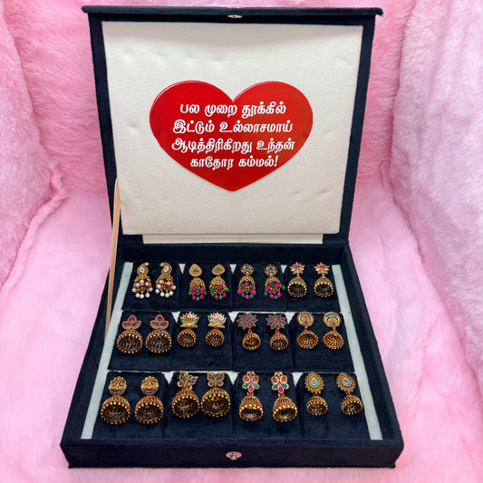 12 Pairs Antique Gold Jhumka Earrings Collection Gift Box – Premium Traditional Jewellery Combo Set