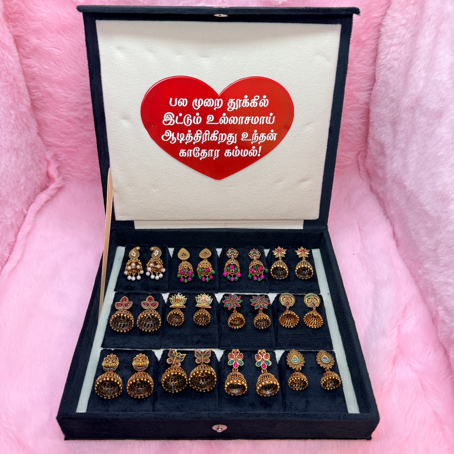 12 Pairs Antique Gold Jhumka Earrings Collection Gift Box – Premium Traditional Jewellery Combo Set